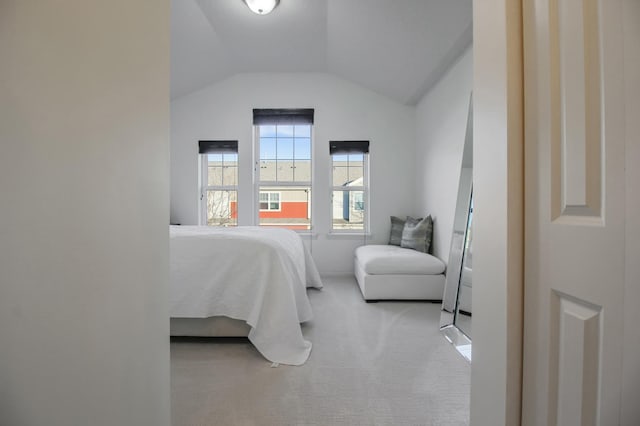 bedroom featuring carpet flooring and vaulted ceiling