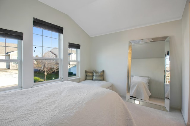 carpeted bedroom featuring vaulted ceiling