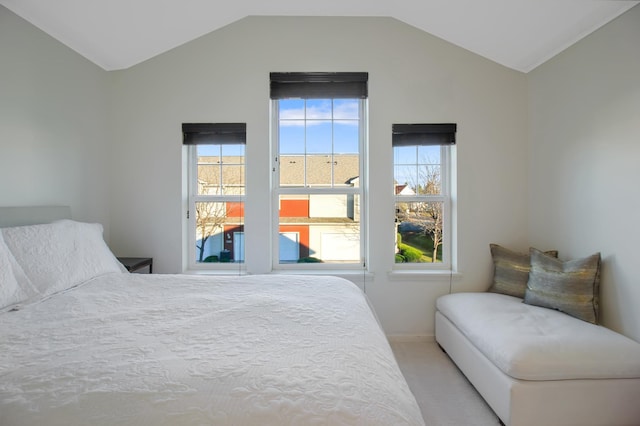 carpeted bedroom featuring lofted ceiling