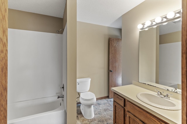 full bathroom with shower / tub combination, vanity, a textured ceiling, and toilet