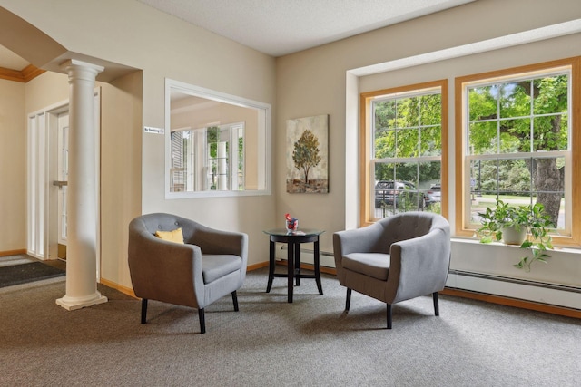 sitting room featuring carpet flooring, decorative columns, and a baseboard radiator