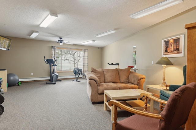 carpeted living room featuring a textured ceiling, ceiling fan, and a baseboard heating unit