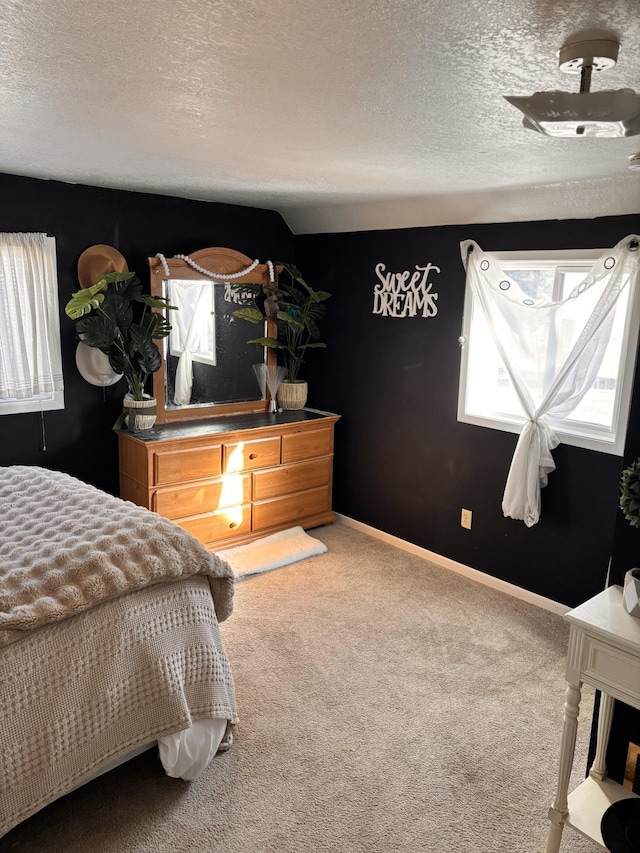 bedroom with multiple windows, carpet, and a textured ceiling