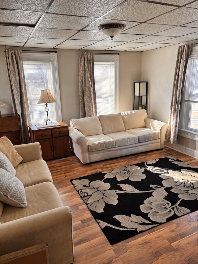 living area featuring a paneled ceiling and wood finished floors