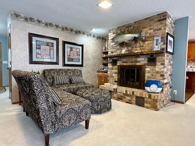 carpeted living room with a fireplace and a textured ceiling