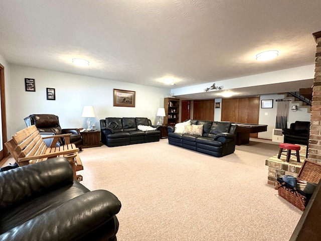 living room featuring carpet flooring and pool table