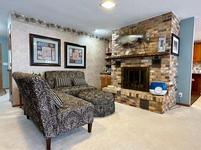 1606 Shore Dr, Worthington, MN 56187 - living area featuring carpet, a textured ceiling, and a fireplace