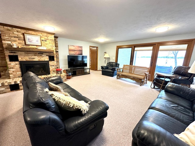 1606 Shore Dr, Worthington, MN 56187 - carpeted living room featuring a brick fireplace and a textured ceiling