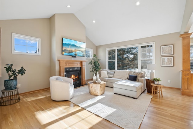 living room with light hardwood / wood-style floors and high vaulted ceiling