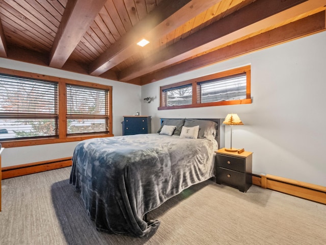 bedroom with wood ceiling, a baseboard radiator, and beamed ceiling