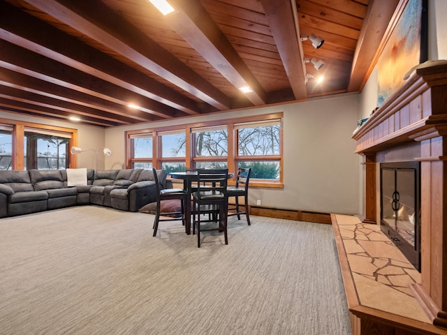 living room featuring wooden ceiling and beamed ceiling