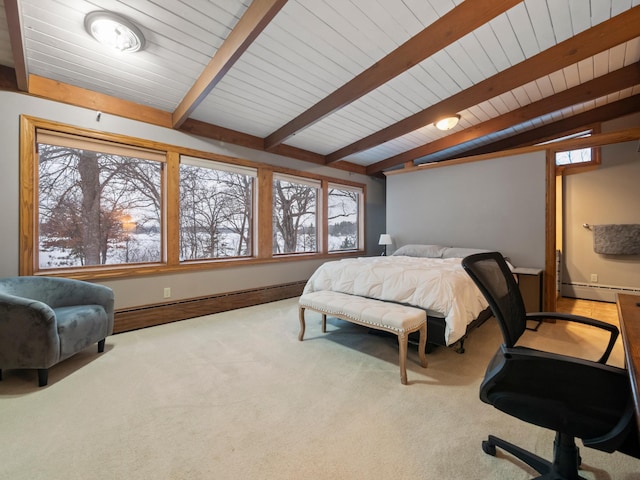 bedroom featuring a baseboard radiator, carpet, vaulted ceiling with beams, and wooden ceiling