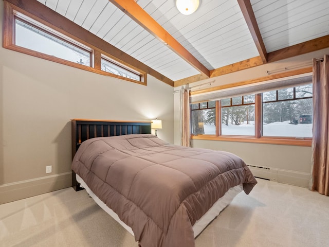 bedroom featuring light carpet, vaulted ceiling with beams, and multiple windows