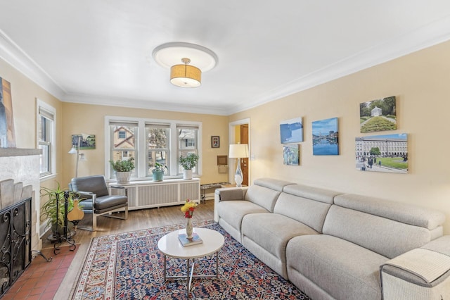 living room featuring crown molding, hardwood / wood-style flooring, a tile fireplace, and radiator heating unit