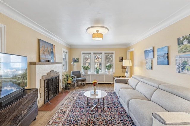 living room featuring radiator heating unit, ornamental molding, and light wood-type flooring