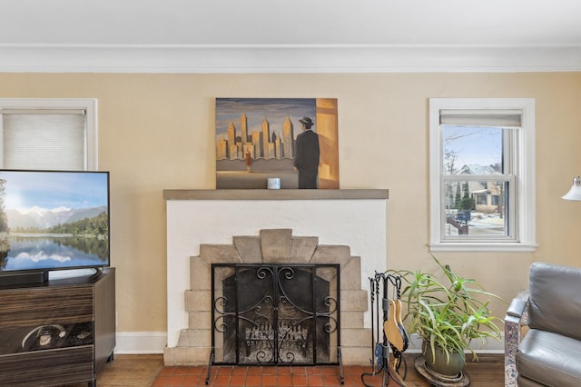 living room featuring a tile fireplace and ornamental molding