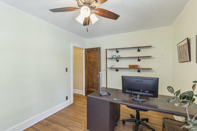 unfurnished office featuring ceiling fan, light hardwood / wood-style flooring, and ornamental molding