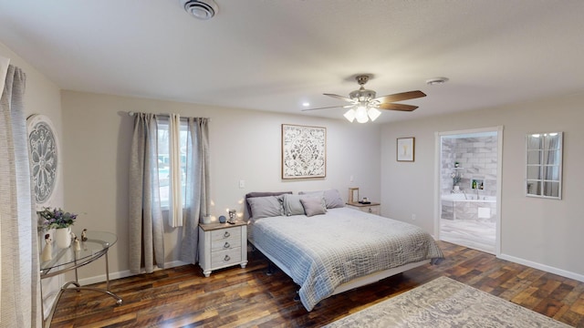 bedroom with connected bathroom, ceiling fan, and dark hardwood / wood-style flooring