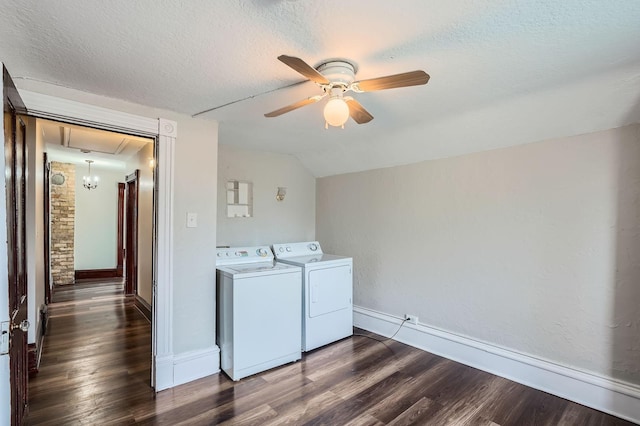 723 Lowry Ave NE, Minneapolis, MN 55418 - washroom featuring washer and clothes dryer, dark wood-type flooring, a ceiling fan, a textured ceiling, and attic access