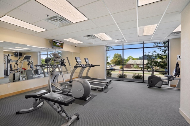 workout area featuring a drop ceiling and floor to ceiling windows