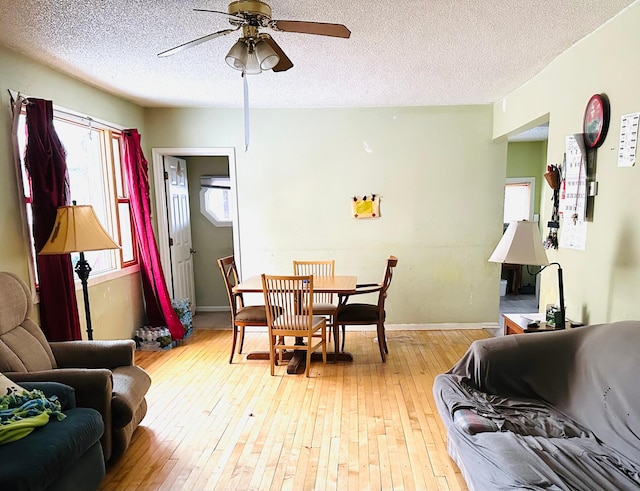 dining room with ceiling fan, light hardwood / wood-style floors, and a textured ceiling