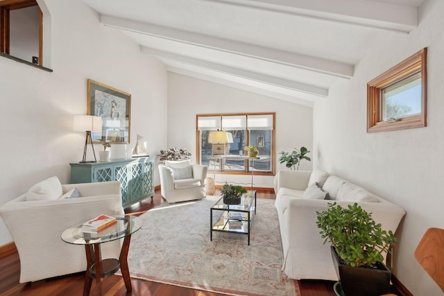 living room featuring vaulted ceiling with beams and wood-type flooring