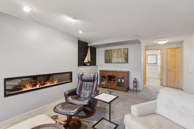 living room featuring light colored carpet and a textured ceiling