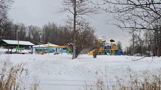 yard covered in snow with a playground