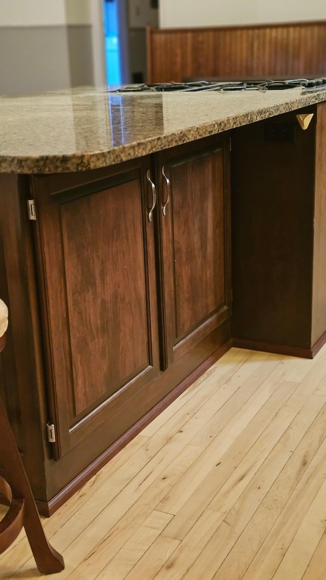 interior details featuring light hardwood / wood-style floors, dark brown cabinets, and stone counters