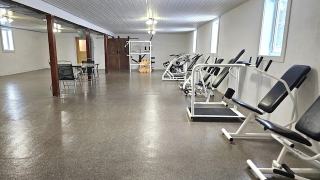 exercise room featuring a barn door