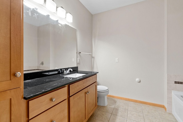 bathroom featuring tile patterned flooring, vanity, a tub, and toilet