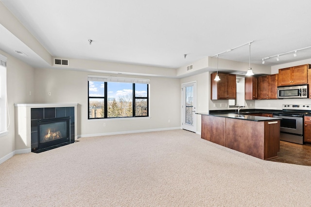 kitchen with sink, hanging light fixtures, stainless steel appliances, a fireplace, and carpet