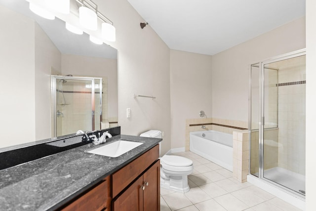 full bathroom with tile patterned floors, toilet, independent shower and bath, and vanity