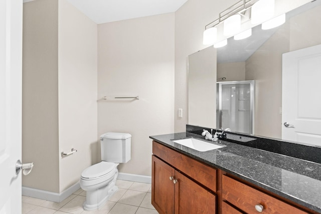 bathroom with vanity, an enclosed shower, tile patterned floors, and toilet