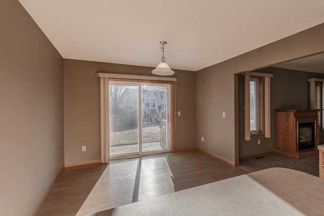 1733 Bassett Dr, Mankato, MN 56001 - unfurnished dining area with visible vents, baseboards, wood finished floors, and a fireplace