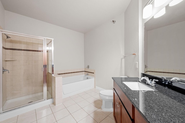 full bathroom featuring tile patterned flooring, vanity, toilet, and separate shower and tub