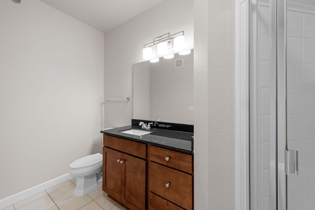 bathroom with tile patterned flooring, vanity, a shower with door, and toilet