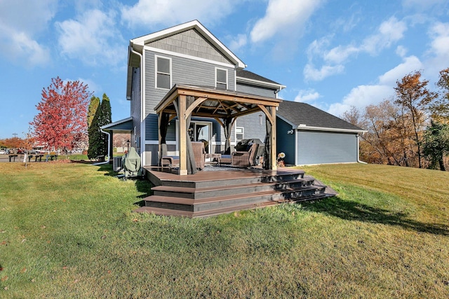 view of front of house with a front yard and a deck