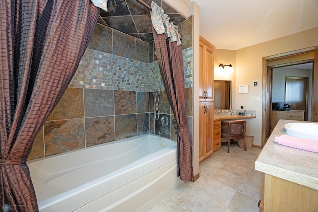 bathroom with vanity, shower / tub combo, and tile patterned flooring