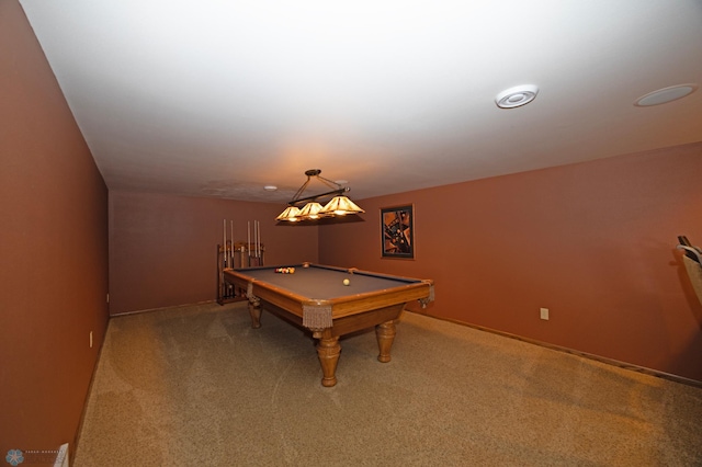 rec room with pool table and carpet floors