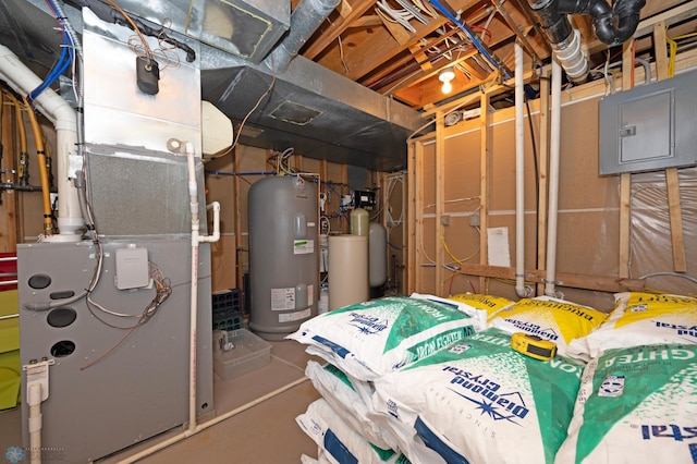 utilities featuring heating unit, electric panel, and water heater