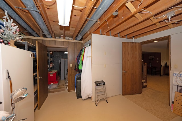 basement with refrigerator