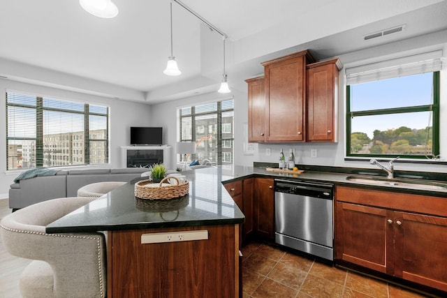 kitchen with sink, stainless steel dishwasher, hanging light fixtures, and a healthy amount of sunlight