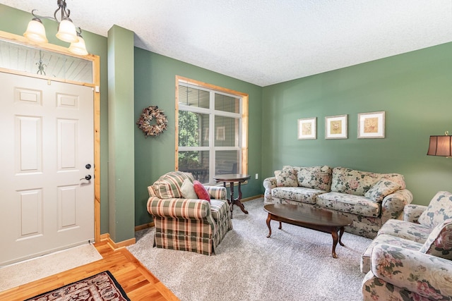 living room featuring hardwood / wood-style floors and a textured ceiling