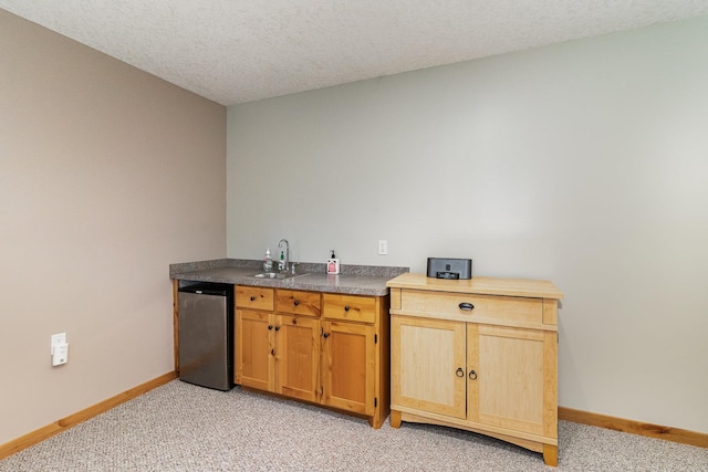 kitchen featuring dishwasher, sink, light carpet, and a textured ceiling