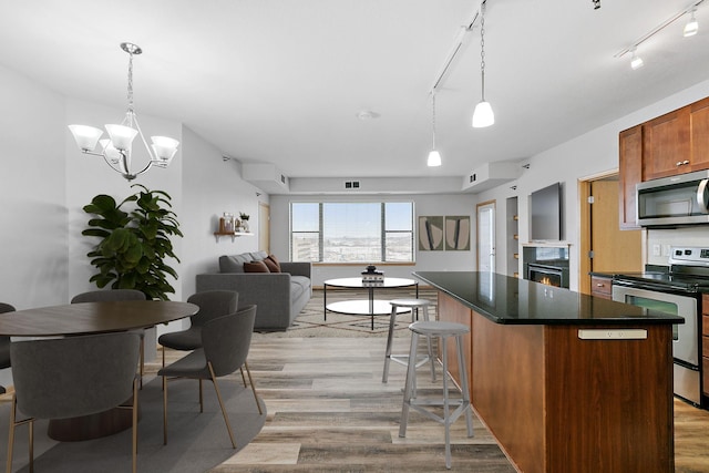 kitchen with hanging light fixtures, appliances with stainless steel finishes, a center island, and light wood-type flooring