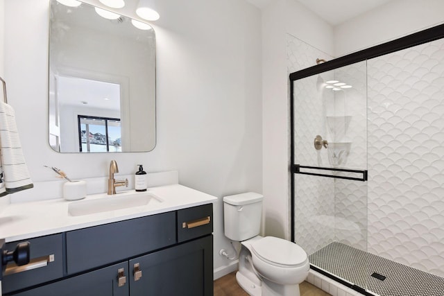 bathroom with vanity, toilet, and a shower with shower door