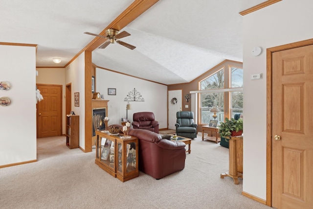 living room featuring ceiling fan, ornamental molding, vaulted ceiling, and light carpet