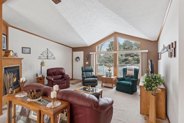 carpeted living room with ornamental molding, vaulted ceiling, and a textured ceiling