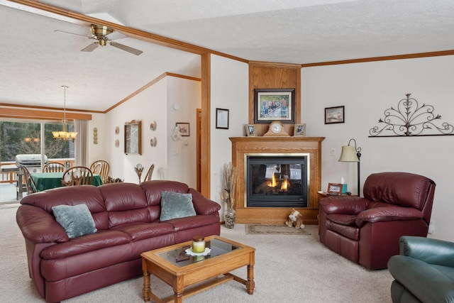 living room featuring light colored carpet, ornamental molding, and a textured ceiling